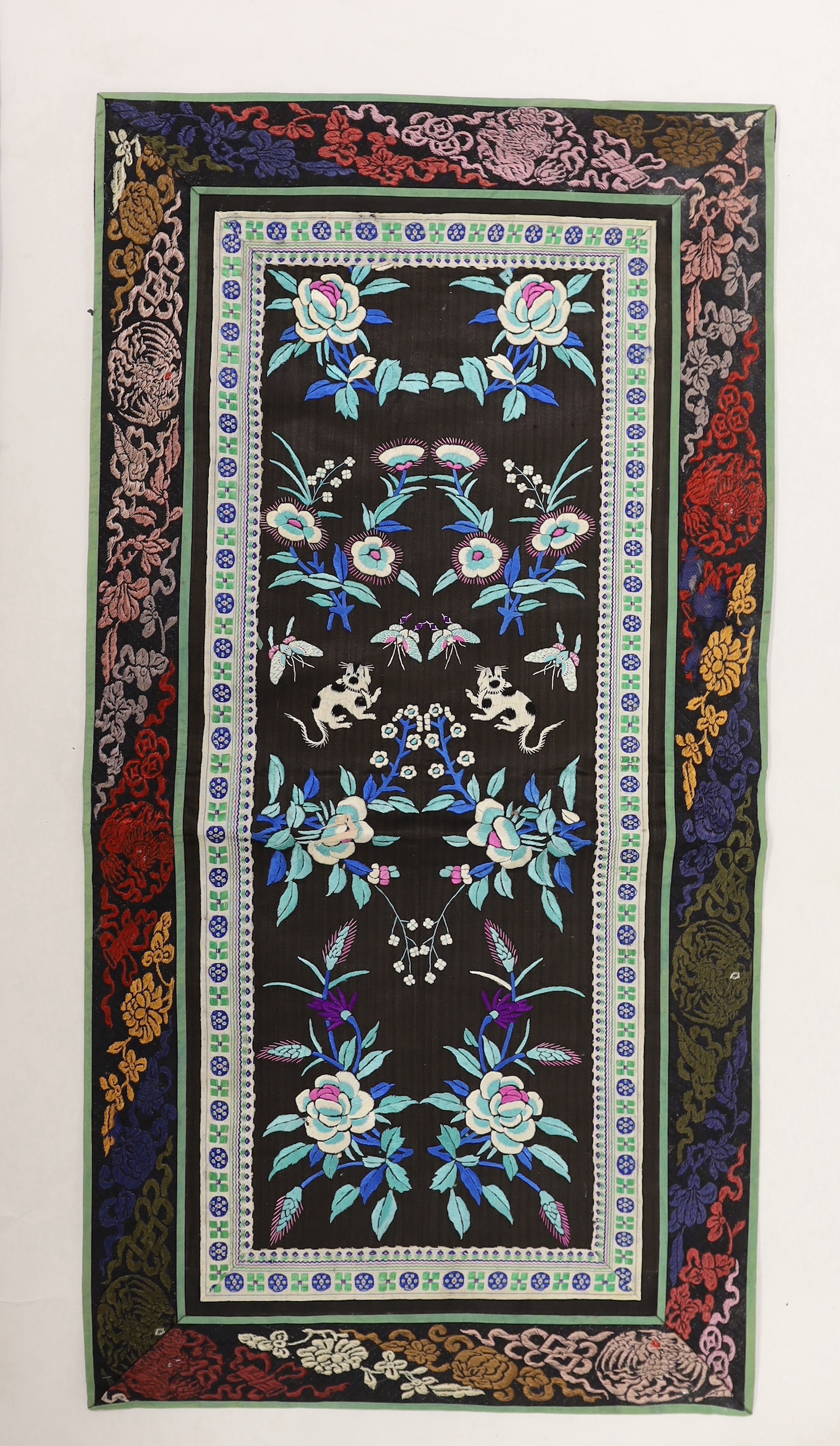 A pair of Chinese gold thread embroidered sleeve bands stitched together as an item with brocade border and a pair of polychrome embroidered sleeve bands with cats, butterflies and flowers also with brocade borders, long
